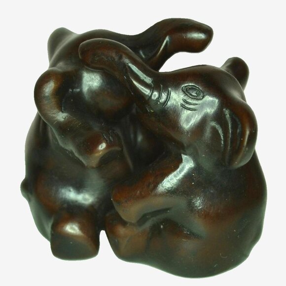 Vintage Hugging Elephants Dark Brown Wooden Collectible Room Decor Animals - Picture 2 of 6